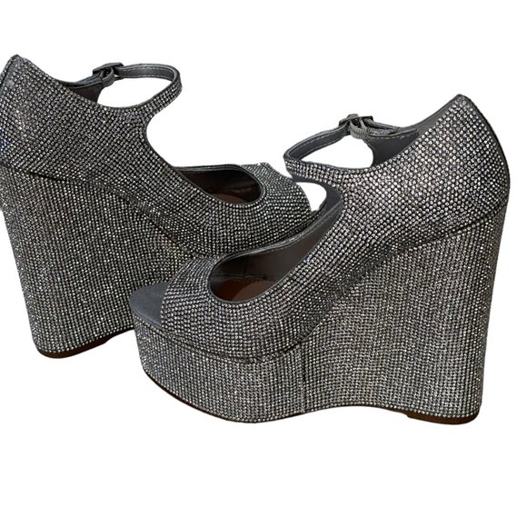 (9-228) Steve Madden Silver Rhinestone Platform Wedge Heels - Picture 10 of 14